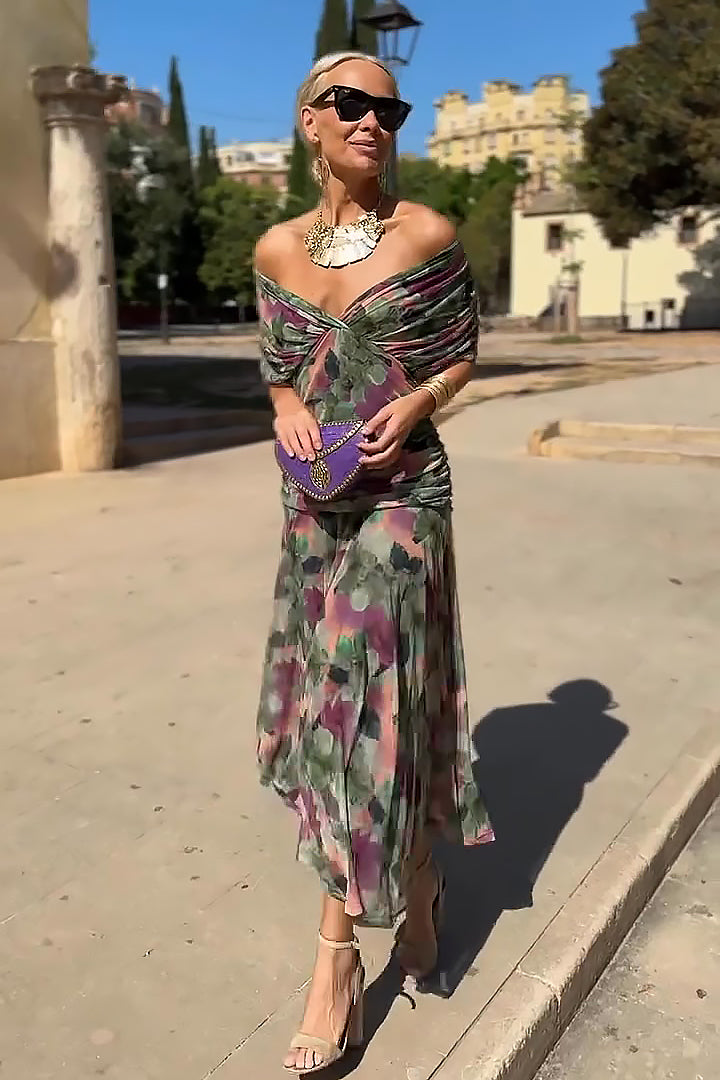 Women's Green Bridesmaid Dress | V-Neck Maxi Pleated Waist Short Sleeve