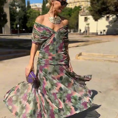 Women's Green Bridesmaid Dress | V-Neck Maxi Pleated Waist Short Sleeve