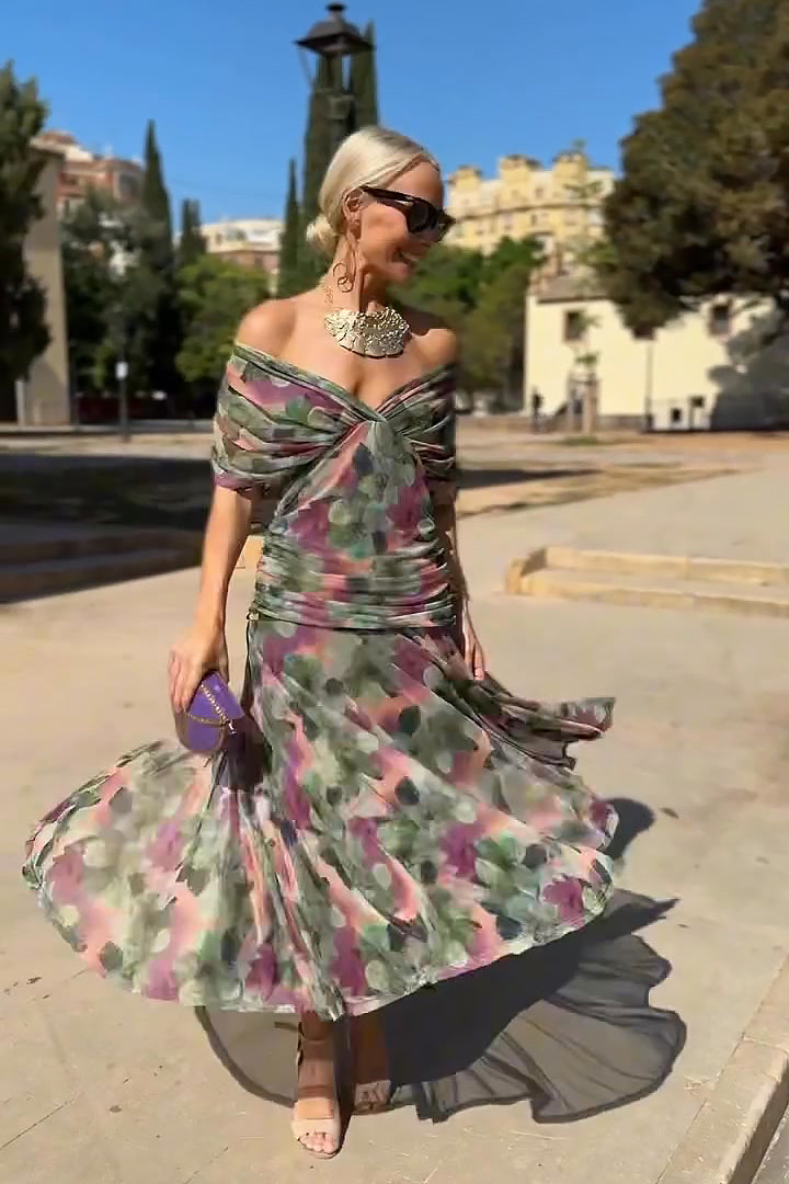 Women's Green Bridesmaid Dress | V-Neck Maxi Pleated Waist Short Sleeve