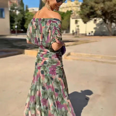 Women's Green Bridesmaid Dress | V-Neck Maxi Pleated Waist Short Sleeve