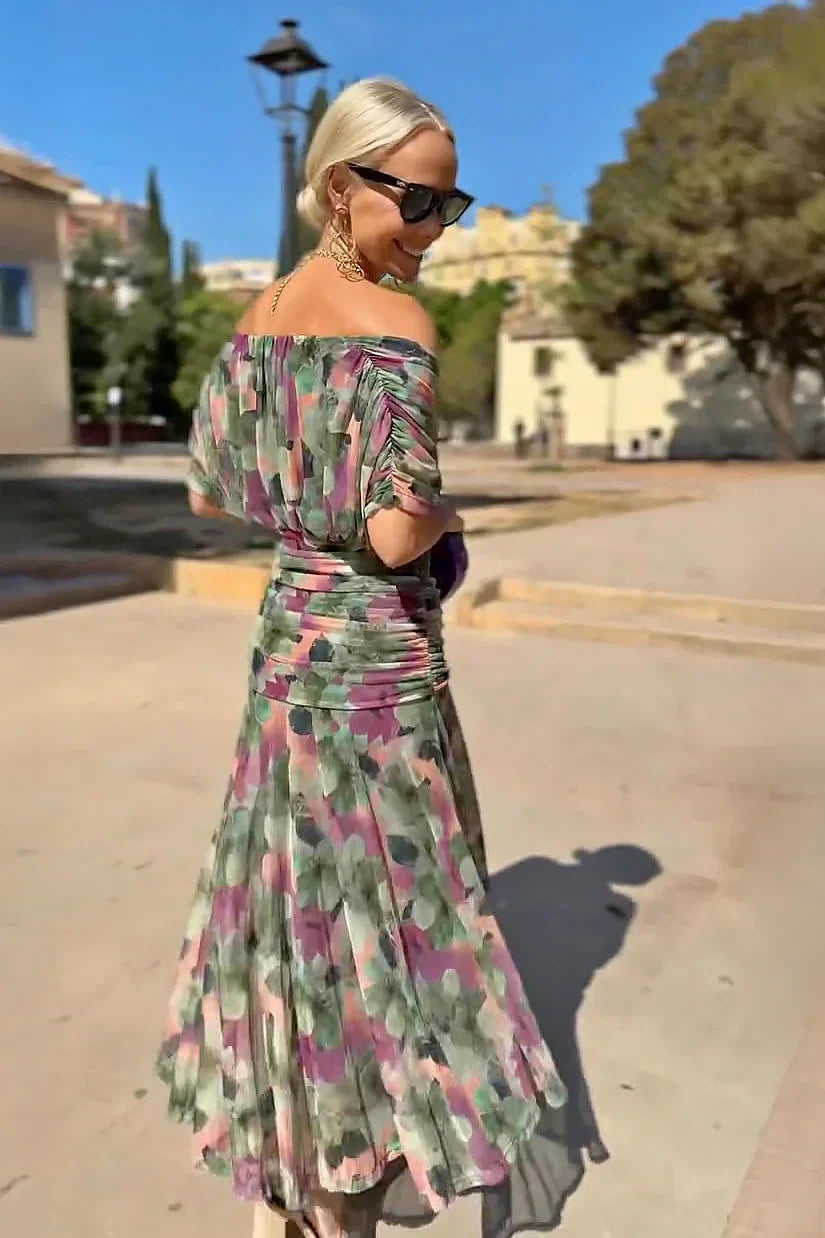Women's Green Bridesmaid Dress | V-Neck Maxi Pleated Waist Short Sleeve