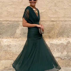 Women's Green Bridesmaid Dress | V-Neck Maxi Pleated Waist Short Sleeve