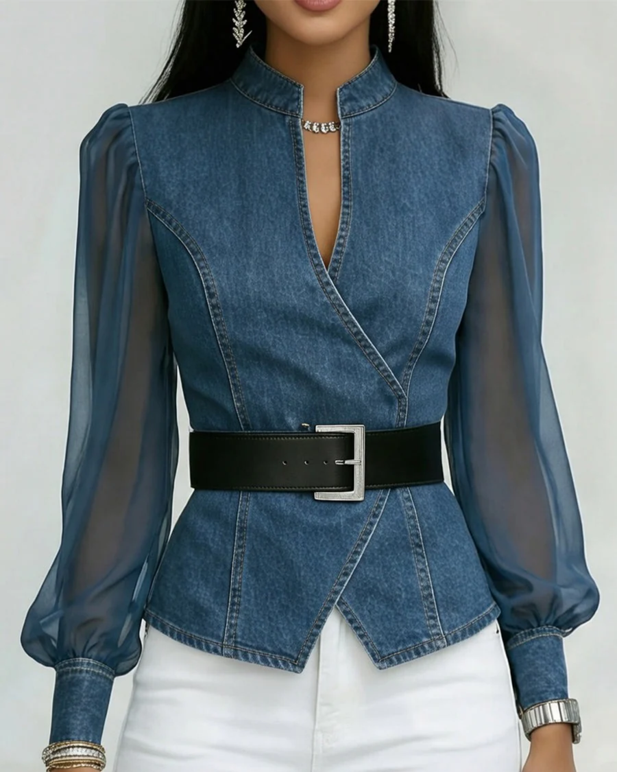 Women's Peplum Top | Wrap Neckline Sheer Puff Sleeves Belted