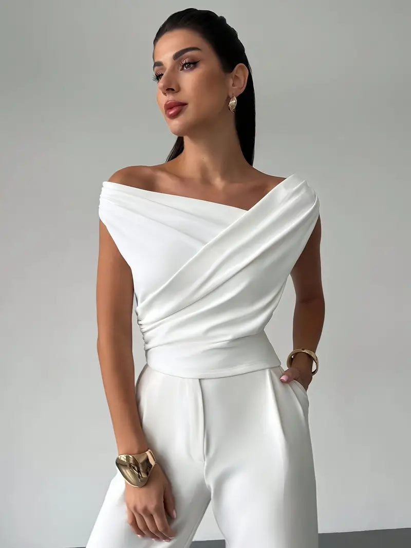 Women's Off The Shoulder Top | Draped Neckline Cap Sleeve