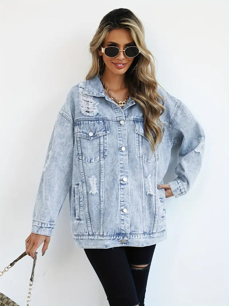 Women's Denim Jacket | Distressed Collar Button Relaxed