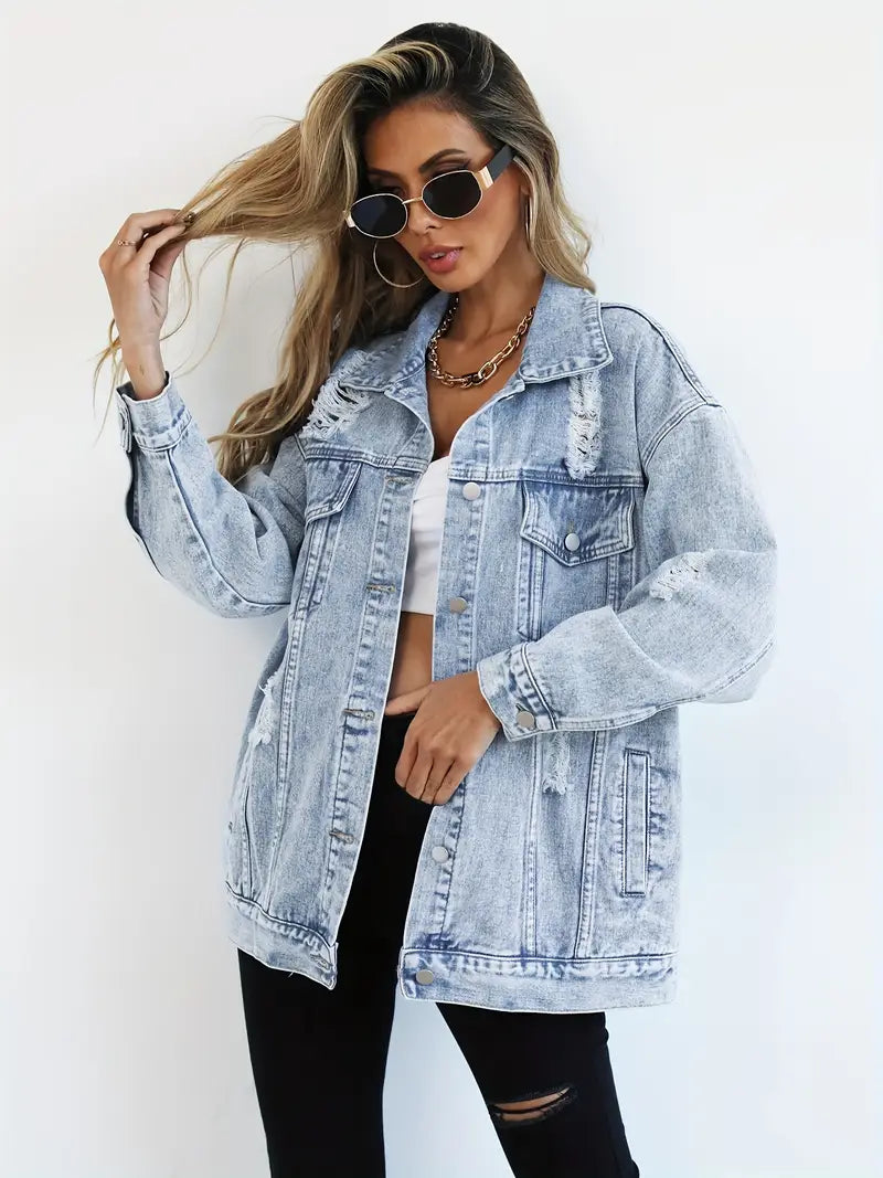Women's Denim Jacket | Distressed Collar Button Relaxed
