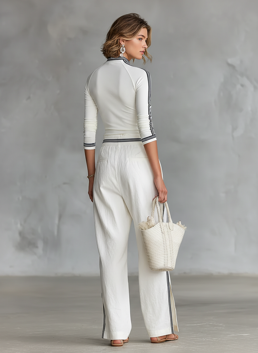 Women's Two Piece Pants Set | Half-High Neck Long Sleeves Wide Leg