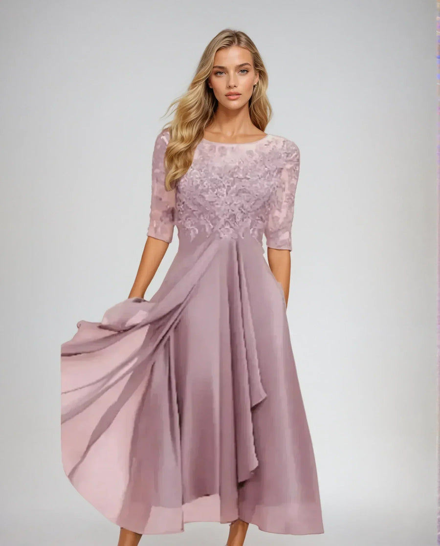 Women's Dress | Midi Length Lace Bodice Three-Quarter Sleeve