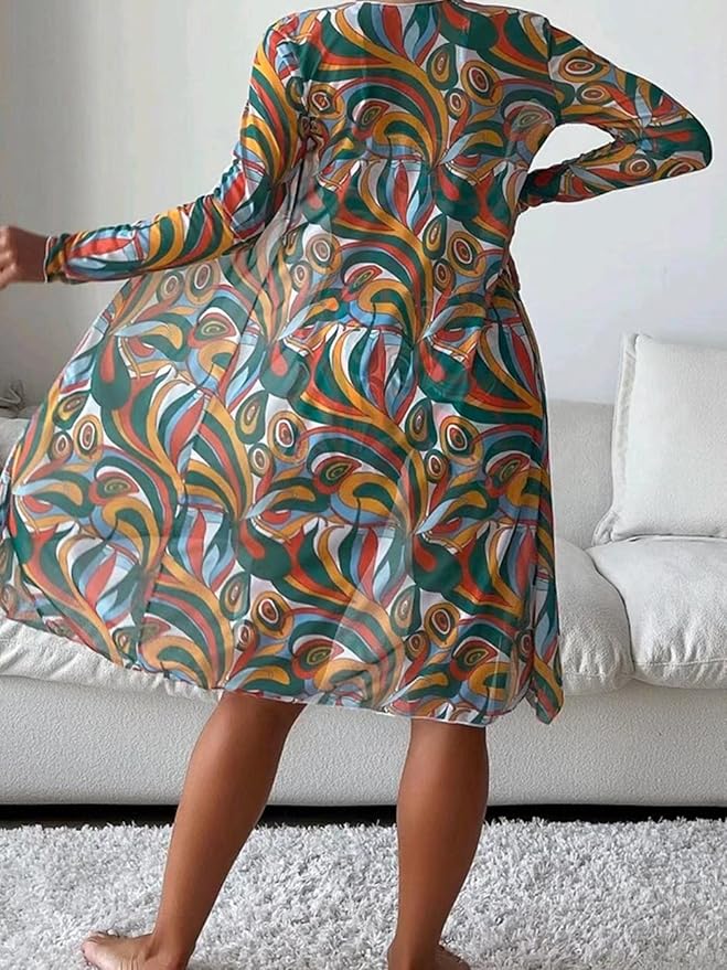 Women's Bikini Cover Up | V-Neck Long Sleeve Tie Front Print