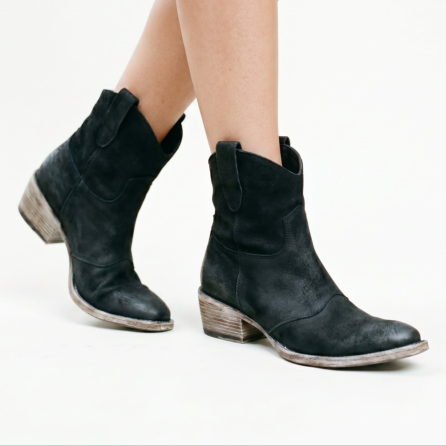 Black Boots For Women | Suede Ankle Stacked Heel Pull-On