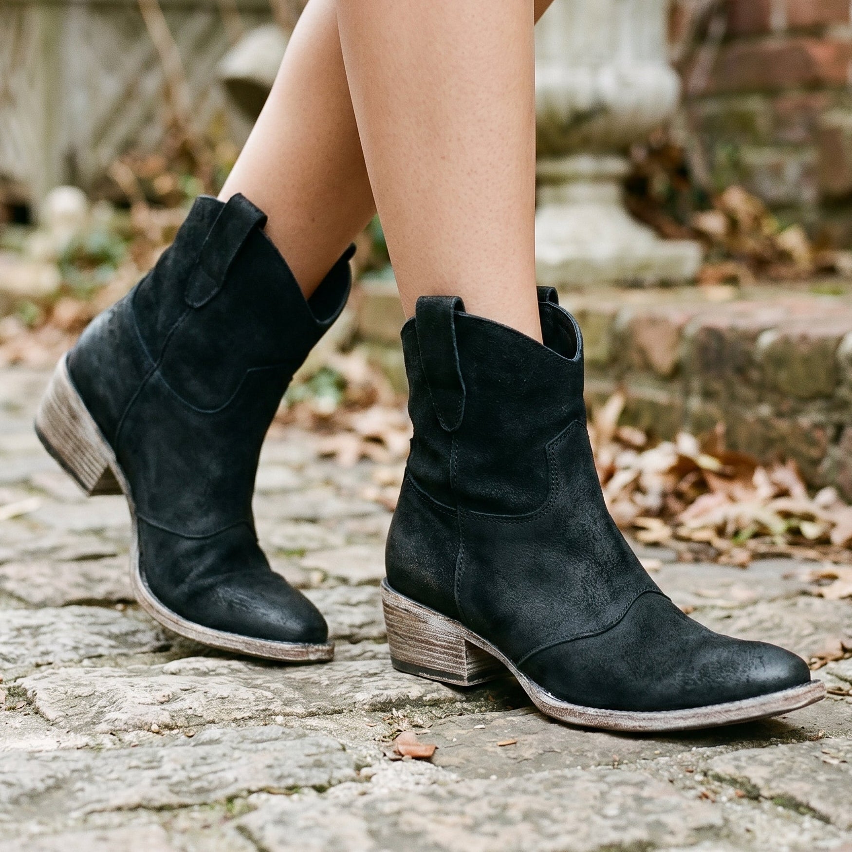 Black Boots For Women | Suede Ankle Stacked Heel Pull-On