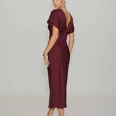 Women's Red Dress | Midi Cowl Neck Short Sleeve