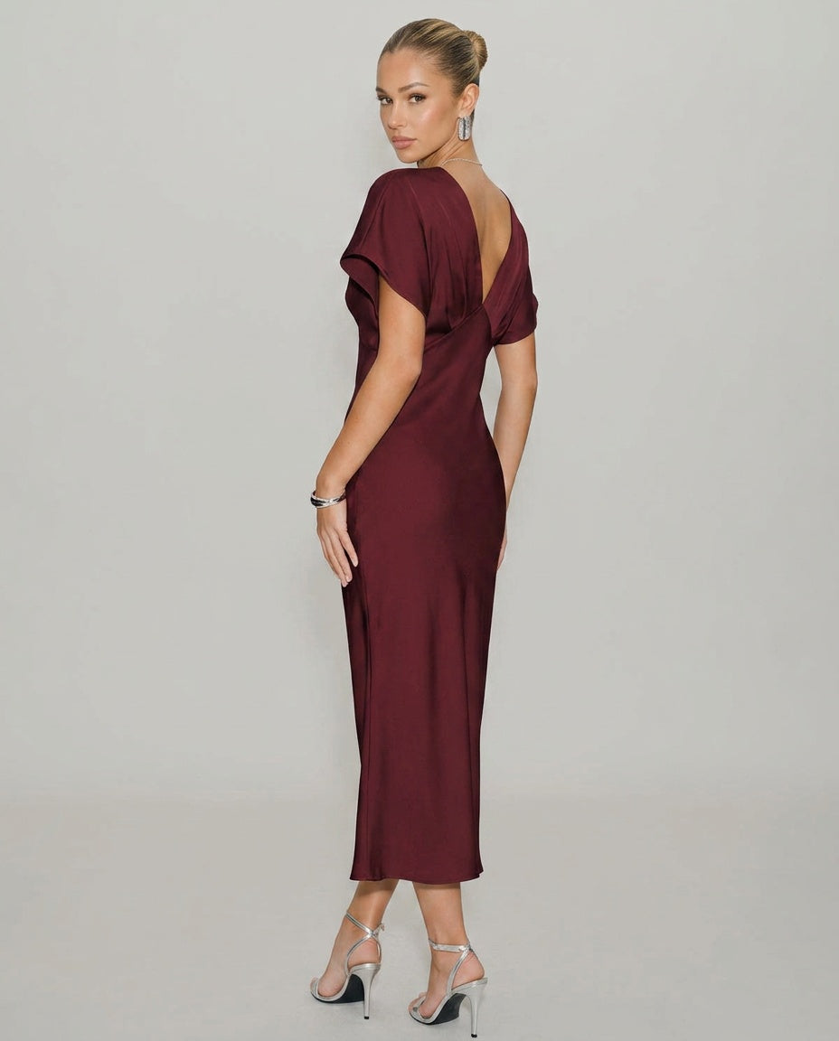 Women's Red Dress | Midi Cowl Neck Short Sleeve