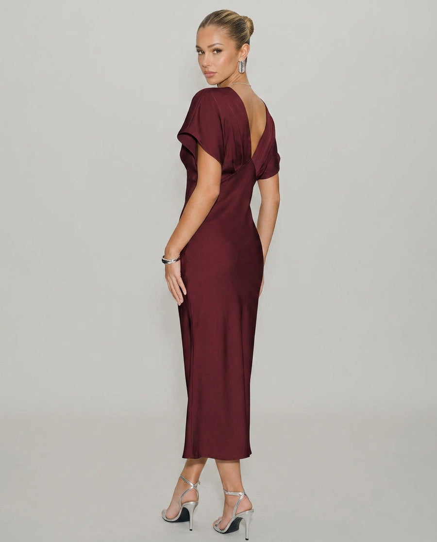 Women's Red Dress | Midi Cowl Neck Short Sleeve