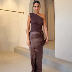 Women's Maxi Dress | One-Shoulder Asymmetric Neckline Satin
