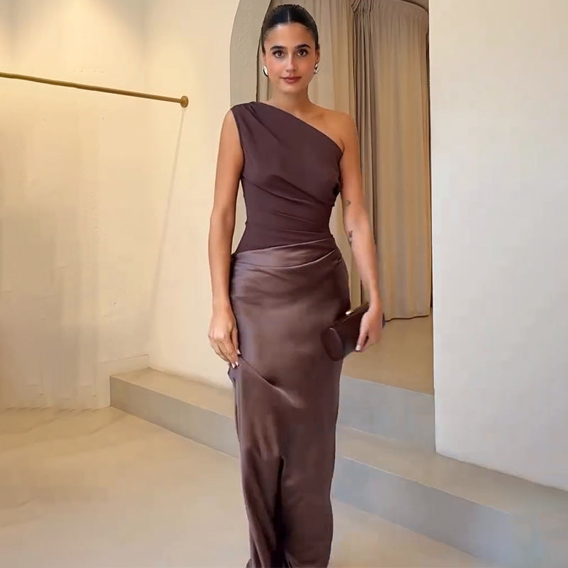 Women's Maxi Dress | One-Shoulder Asymmetric Neckline Satin