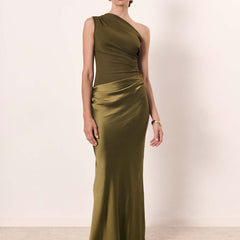 Women's Maxi Dress | One-Shoulder Asymmetric Neckline Satin