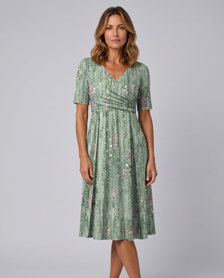 Women's Green Sundress | Midi Flared V Neckline Short Sleeve