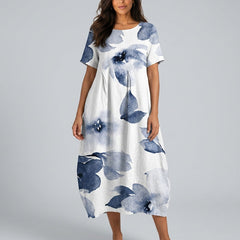 Women's Beach Cover Dress | Maxi Round Neck Short Sleeve Linen Blend