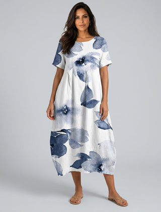Women's Beach Cover Dress | Maxi Round Neck Short Sleeve Linen Blend