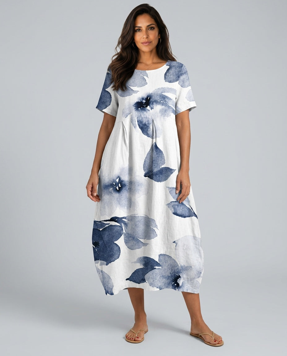Women's Beach Cover Dress | Maxi Round Neck Short Sleeve Linen Blend