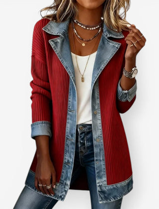 Women's Winter Jacket | Denim Collar Knit Blend Button Closure