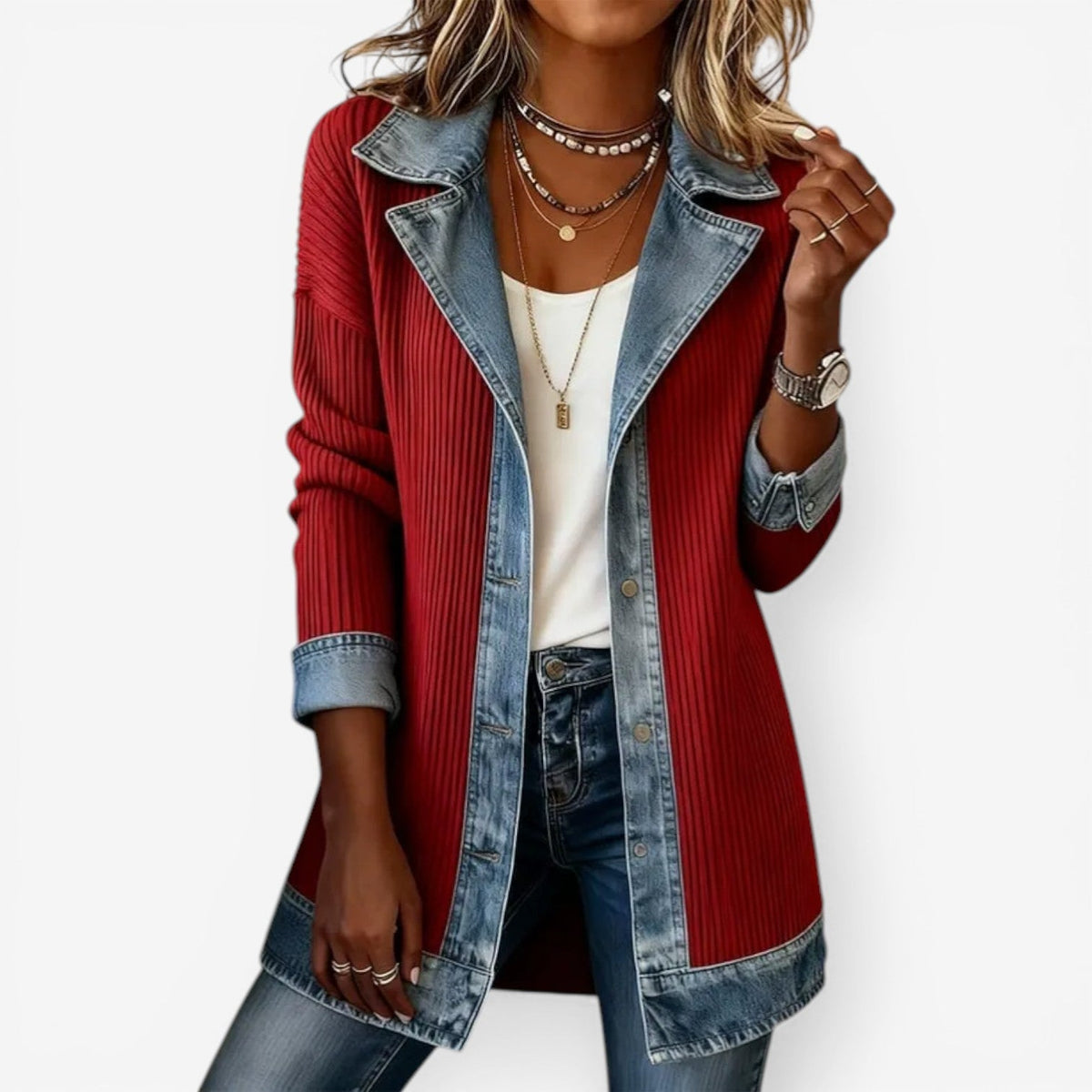 Women's Winter Jacket | Denim Collar Knit Blend Button Closure