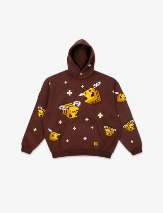 Cozy light brown women's pullover hoodie with an eye-catching creative bee design, great for relaxed everyday style.