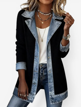 Women's Winter Jacket | Denim Collar Knit Blend Button Closure