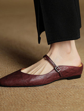 Women's Mules | Pointed Toe Mary Jane Strap Leather