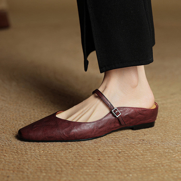 Women's Mules | Pointed Toe Mary Jane Strap Leather