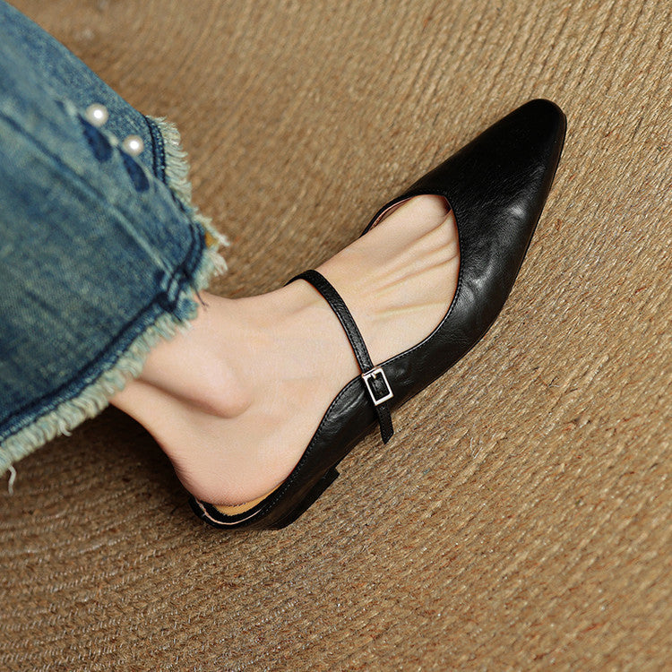 Women's Mules | Pointed Toe Mary Jane Strap Leather