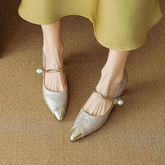 Women's Kitten Heels | Pointed Toe Metallic Satin Mary Jane
