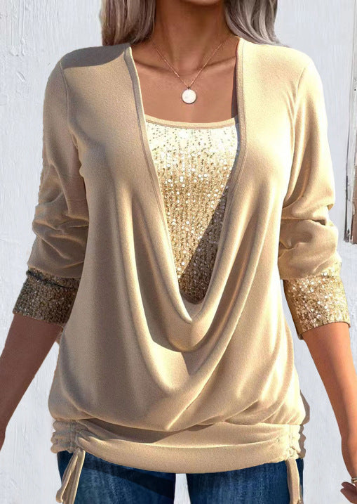 Women's Sequin Top | Cowl Neckline Three-Quarter Sleeve Knit