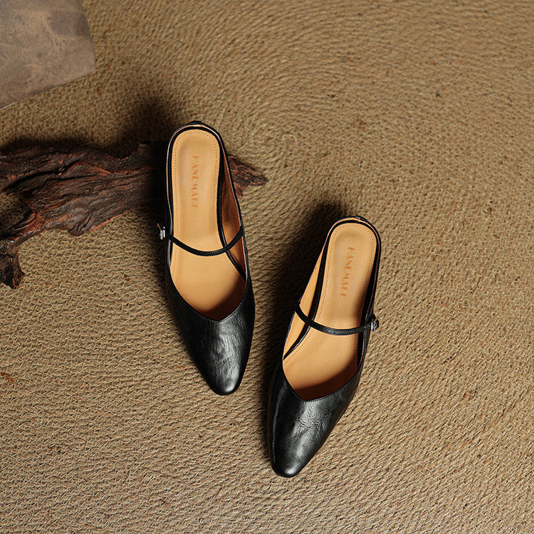 Women's Mules | Pointed Toe Mary Jane Strap Leather
