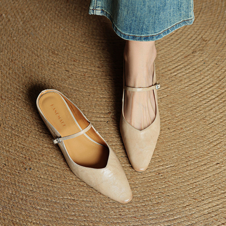 Women's Mules | Pointed Toe Mary Jane Strap Leather