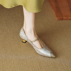 Women's Kitten Heels | Pointed Toe Metallic Satin Mary Jane