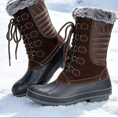 Brown lace-up snow boots with faux-fur cuffs and waterproof-style rubber sole