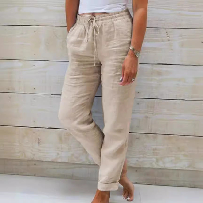 Women's Linen Pants | Drawstring Waist Relaxed Straight Leg Cuffed