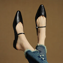 Women's Mules | Pointed Toe Mary Jane Strap Leather