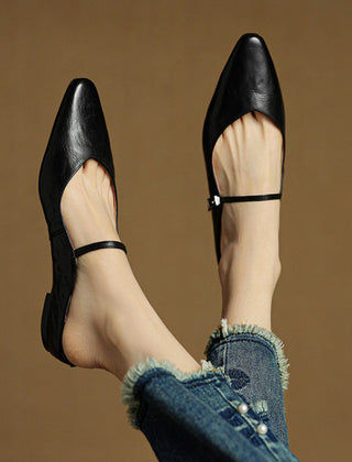 Women's Mules | Pointed Toe Mary Jane Strap Leather