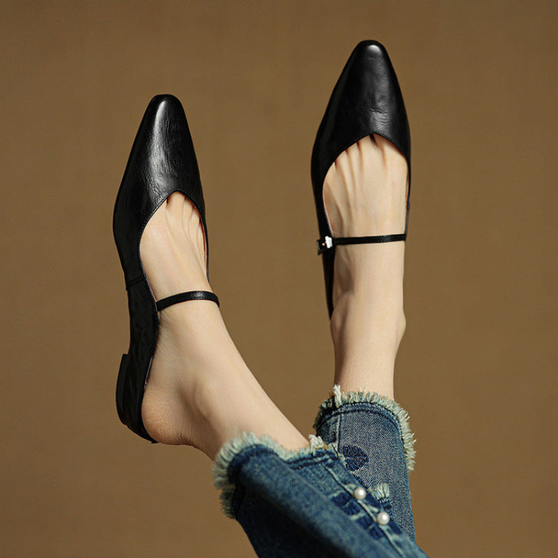 Women's Mules | Pointed Toe Mary Jane Strap Leather