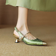 Women's Kitten Heels | Pointed Toe Metallic Satin Mary Jane