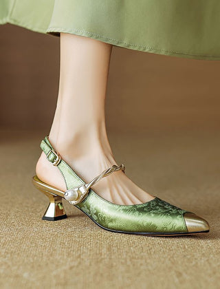Women's Kitten Heels | Pointed Toe Metallic Satin Mary Jane