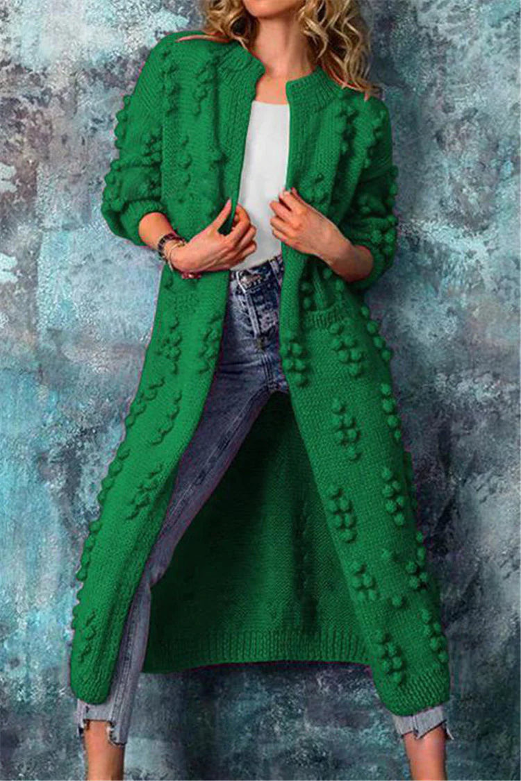 Women's Long Cardigan | Knit Pom Details Long Sleeve Open Front
