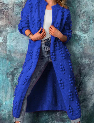 Women's Long Cardigan | Knit Pom Details Long Sleeve Open Front