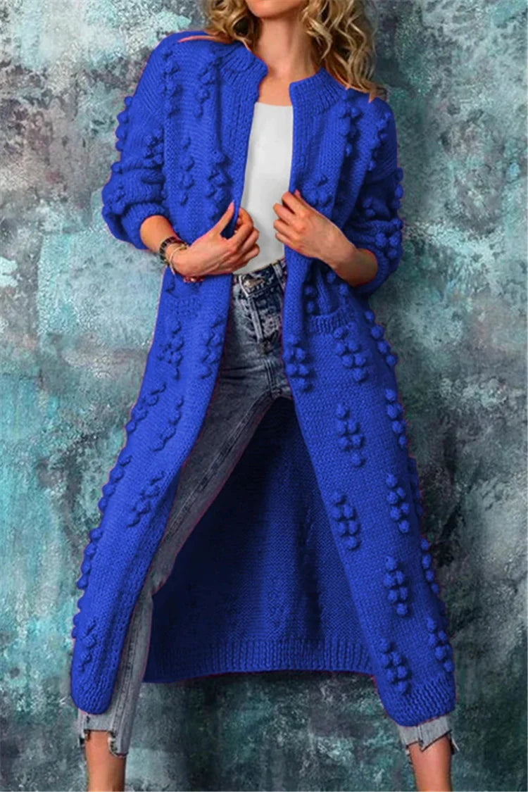 Women's Long Cardigan | Knit Pom Details Long Sleeve Open Front