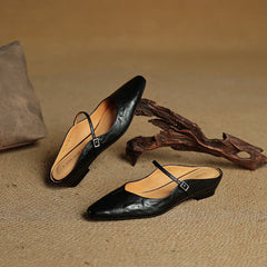 Women's Mules | Pointed Toe Mary Jane Strap Leather