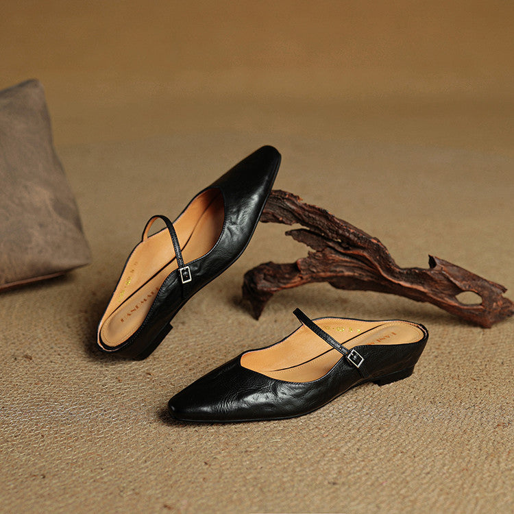 Women's Mules | Pointed Toe Mary Jane Strap Leather