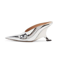 Women's pointed metallic wedge mules with unique sculpted heel, perfect for elegant evening wear or parties.